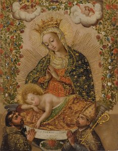 Matka Boska Adorująca Dzieciątko Jezus z Dwoma Świętymi, XVIII w. (olej ze złotem na miedzi)